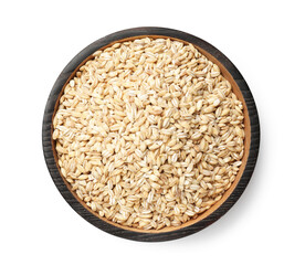 Dry pearl barley in bowl isolated on white, top view