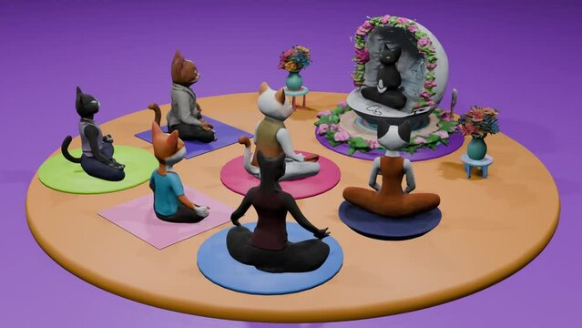 looped 3d animation. yoga class. the presence of the guru. cats meditate.