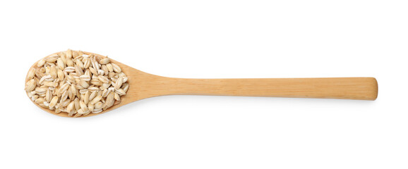 Wooden spoon with raw pearl barley isolated on white, top view