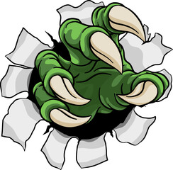 A monster or dinosaur claw, eagle dragon animal hand ripping and tearing through the metal or paper background
