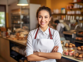 Fototapeta premium Portrait of woman business owner in bakery shop. 