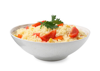 Tasty couscous with parsley, corn and tomatoes in bowl isolated on white