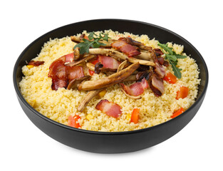 Tasty couscous with mushrooms and bacon in bowl isolated on white