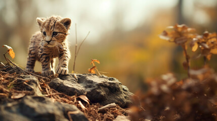 Obraz premium Tilt shift style of little wild lion cat in the forest. 