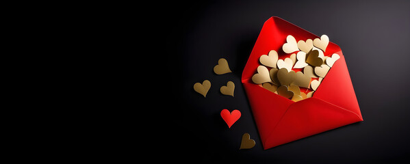 Red envelope with gold hearts on a black background. Banner for Valentine's Day.