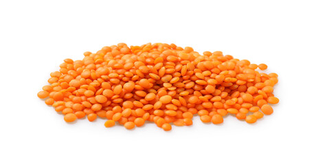 Pile of raw red lentils isolated on white