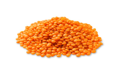 Pile of raw red lentils isolated on white