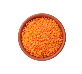 Raw red lentils in bowl isolated on white, top view