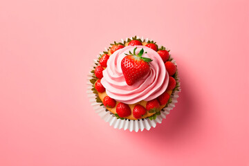 Strawberry cupcake, without background, top view, photo realism. Generative AI