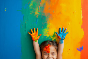 little cute hands painted with colorful paints on the wall	