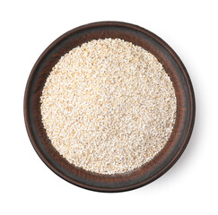 Raw barley groats in bowl isolated on white, top view