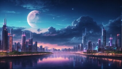 Naklejka na ściany i meble A wallpaper illustration featuring an anime-inspired neo-crisp night cityscape. Neon flat colors illuminate the scene, showcasing a nightsky adorned with a large, luminous moon, fluffy clouds