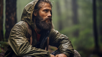 Obraz premium Portrait of a forester bearded European man that is sitting in the woods