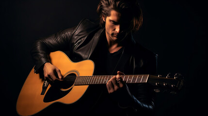 Obraz premium Man is playing acoustic guitar. In black clothes