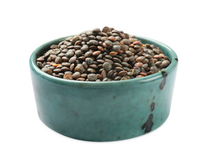Raw lentils in bowl isolated on white