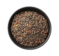 Raw lentils in bowl isolated on white, top view