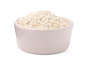 Dry barley groats in bowl isolated on white