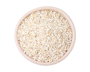 Dry barley groats in bowl isolated on white, top view