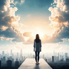 Fototapeta na wymiar World mental health day concept: Silhouette alone woman standing on abstract of heaven