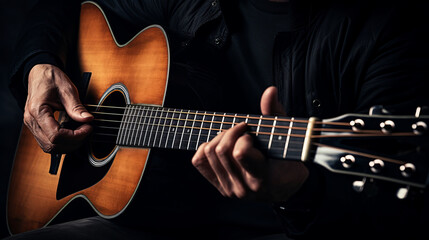 Fototapeta na wymiar Man is playing acoustic guitar. In black clothes
