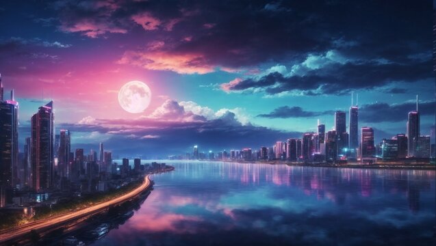 A wallpaper illustration featuring an anime-inspired neo-crisp night cityscape. Neon flat colors illuminate the scene, showcasing a nightsky adorned with a large, luminous moon, fluffy clouds