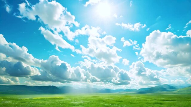 Beautiful tropical mountains, green field with blue sky and clouds moving animation.