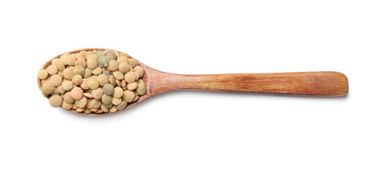 Spoon with raw lentils isolated on white, top view