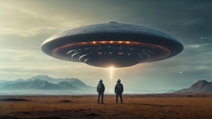 A wallpaper background depicting mysterious figures standing in front of an unidentified flying object (UFO) on planet Earth, adding an element of intrigue and wonder to the scene