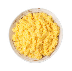 Tasty cornmeal in bowl isolated on white, top view