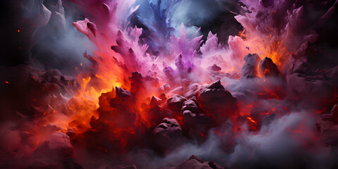 Red and purple exploding colorful powder, color cloud full of energy
