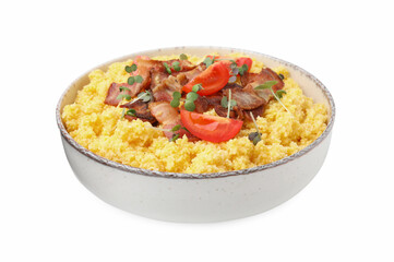Tasty cornmeal with tomatoes, bacon and microgreens in bowl isolated on white