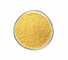 Dry millet seeds in bowl isolated on white, top view