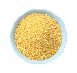 Dry millet seeds in bowl isolated on white, top view