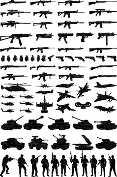 silhouette military set, tanks, planes, military, weapons vector