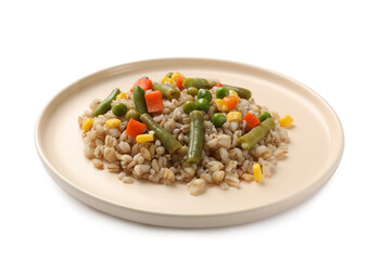 Delicious pearl barley with vegetables isolated on white