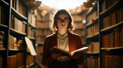 Portrait of librarian young adult woman that is standing - obrazy, fototapety, plakaty