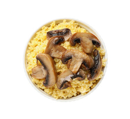 Tasty millet porridge with mushrooms in bowl isolated on white, top view