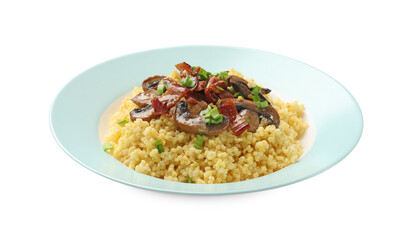 Tasty millet porridge with mushrooms, bacon and green onion isolated on white