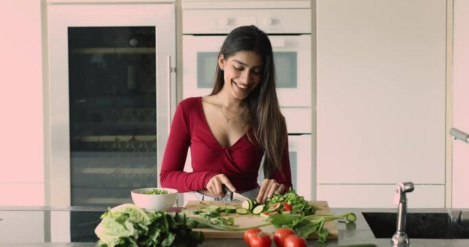 Smiling Indian woman cooking in kitchen, cut cucumbers for natural vegetarian dish, prepare dinner for family or guests, enjoy cookery, spend time alone at home. Routine, healthy eating and lifestyle