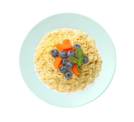 Plate with tasty millet porridge, blueberries, pumpkin and mint isolated on white, top view