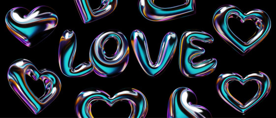 3D hearts set and LOVE text in balloon bubble font from liquid metal with a holographic glossy surface. Isolated vector illustration for retro-futuristic Y2K style design - obrazy, fototapety, plakaty
