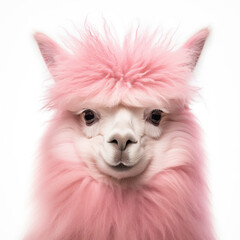 Fototapeta na wymiar A pink alpaca with a fluffy coat looks directly at the camera against a white background.