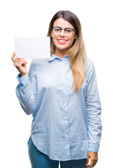 Young beautiful business woman holding blank card over isolated background with a happy face standing and smiling with a confident smile showing teeth