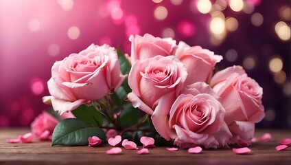 pink roses on wooden table, valentine day, romantic background.