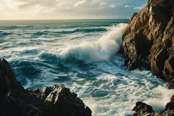 Highlight the raw, untamed beauty of a roaring ocean against rugged coastal cliffs