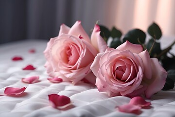 pink roses with petals on bed, romantic background, valentine day concept