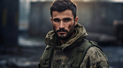 Fototapeta premium Portrait of a soldier in camouflage clothing
