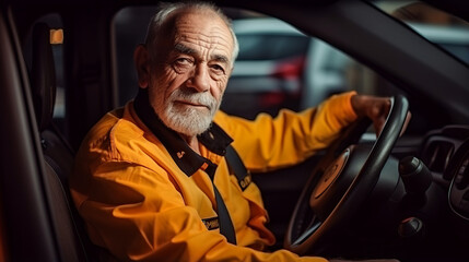 Portrait of elderly man taxi driver in a car and yellow clothes