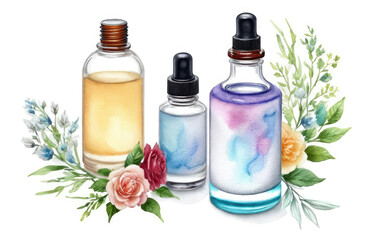 Obraz na płótnie Canvas essence oil bottles in watercolor. natural skin care, homemade spa, beauty treatment recipe