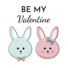 Cute bunnies couple for Valentines day. Love romantic concept, be my Valentine. Happy Valentines Day card with cute romantic lovely funny couple of bunny. Kawaii style, animals.